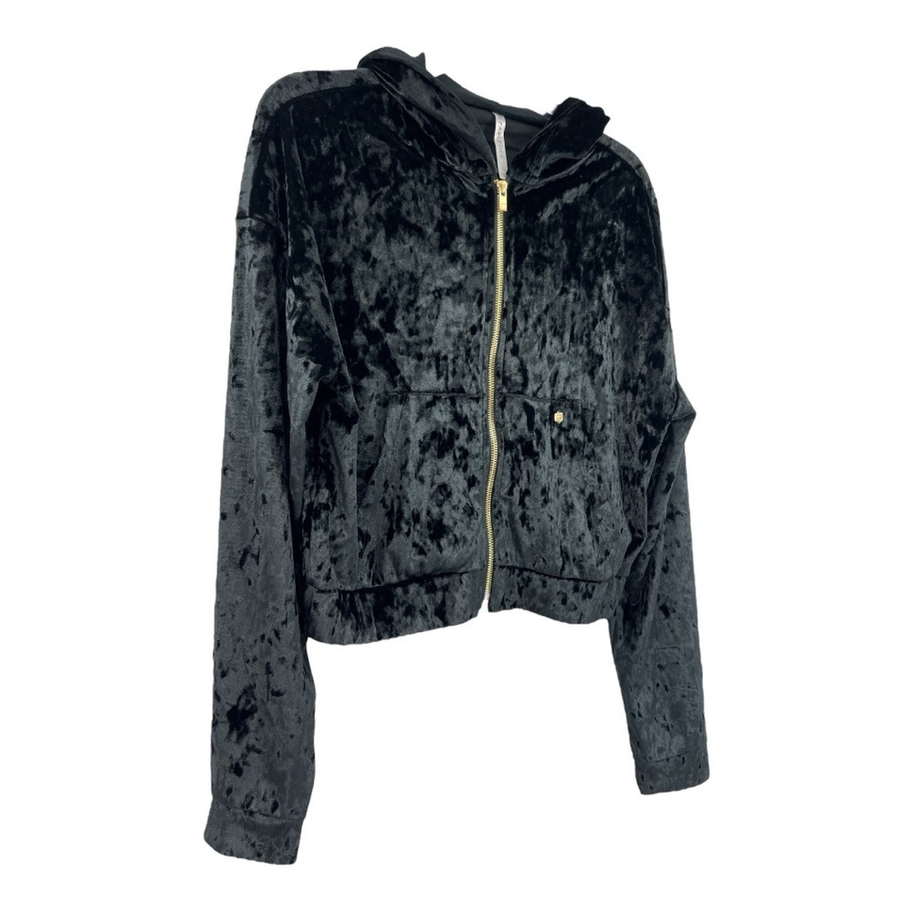 Fabletics Bomber Jacket Womens Activeware Black Velour Velvet Zip Hood SZ S